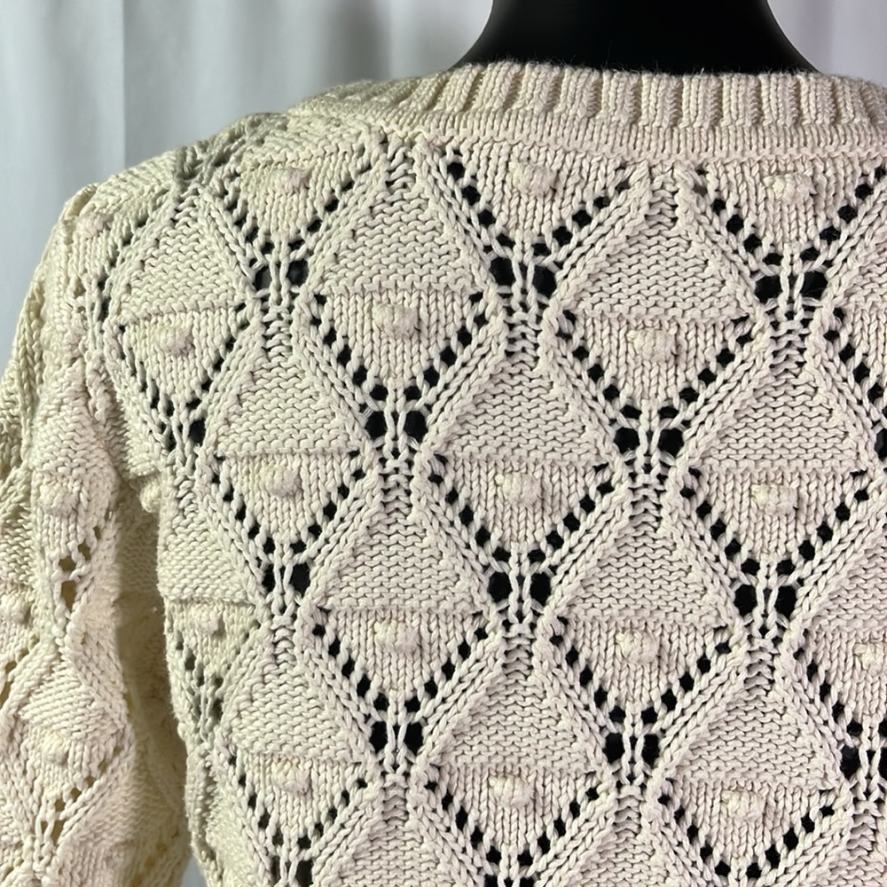 Tommy Hilfiger Cream Chunky Loose Pom Pom Knit Long Sleeve Cotton Sweater - Picture 11 of 16